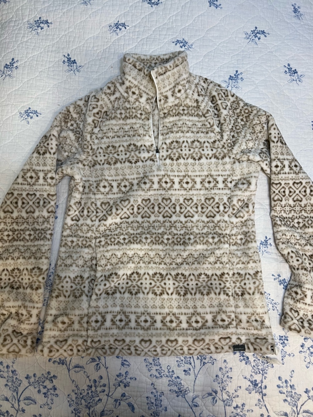 Eddie Bauer Cream and Taupe Patterned Quarter‑Zip Pullover